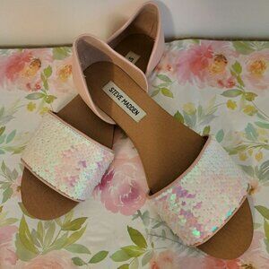STEVE MADDEN Iridescent Pink Sequin Slip-On Sandals Womens Flats Leather SIZE 8
